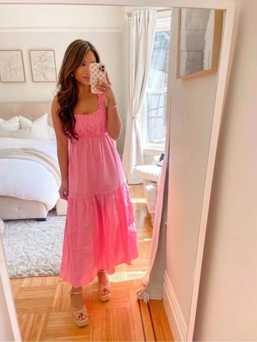 Abercrombie & Fitch Pink Tiered Maxi Dress Ruffled Straps Tie Back - Extra Small